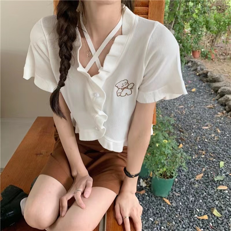 Áo croptop dệt kim thiết kế tay ngắn gợi cảm