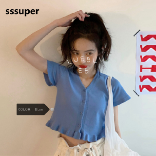 Áo Croptop Dệt Kim Cổ Chữ V Màu Trơn Thời Trang Mùa Hè