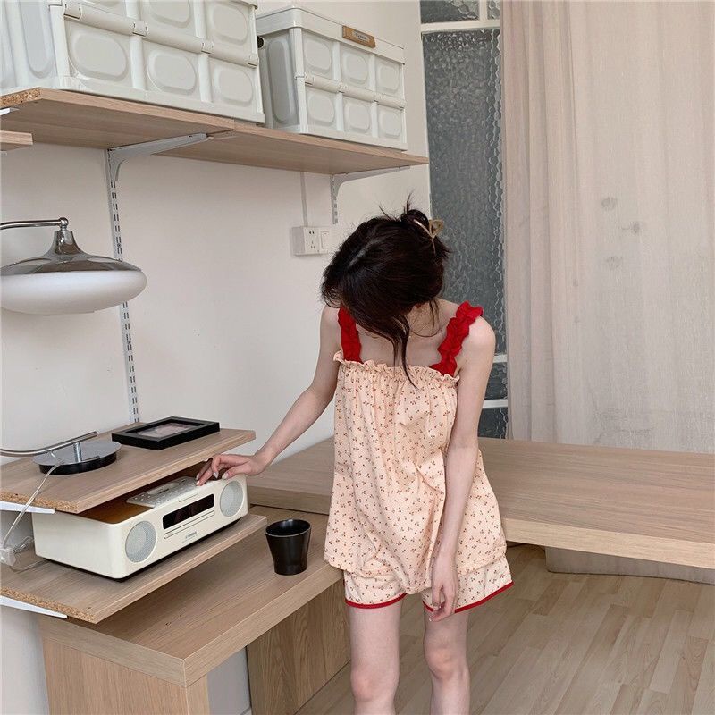 [Spot] red mesh print / explosive suit / cherry / sling / top / shorts / loose pajamas / women