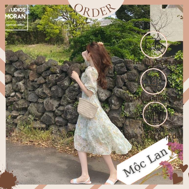 (MộcLan ORDER) Váy MORAN voan hoa xanh cổ vuông nhẹ nhàng tiểu thư sang trọng kiểu Pháp xòe dài | BigBuy360 - bigbuy360.vn