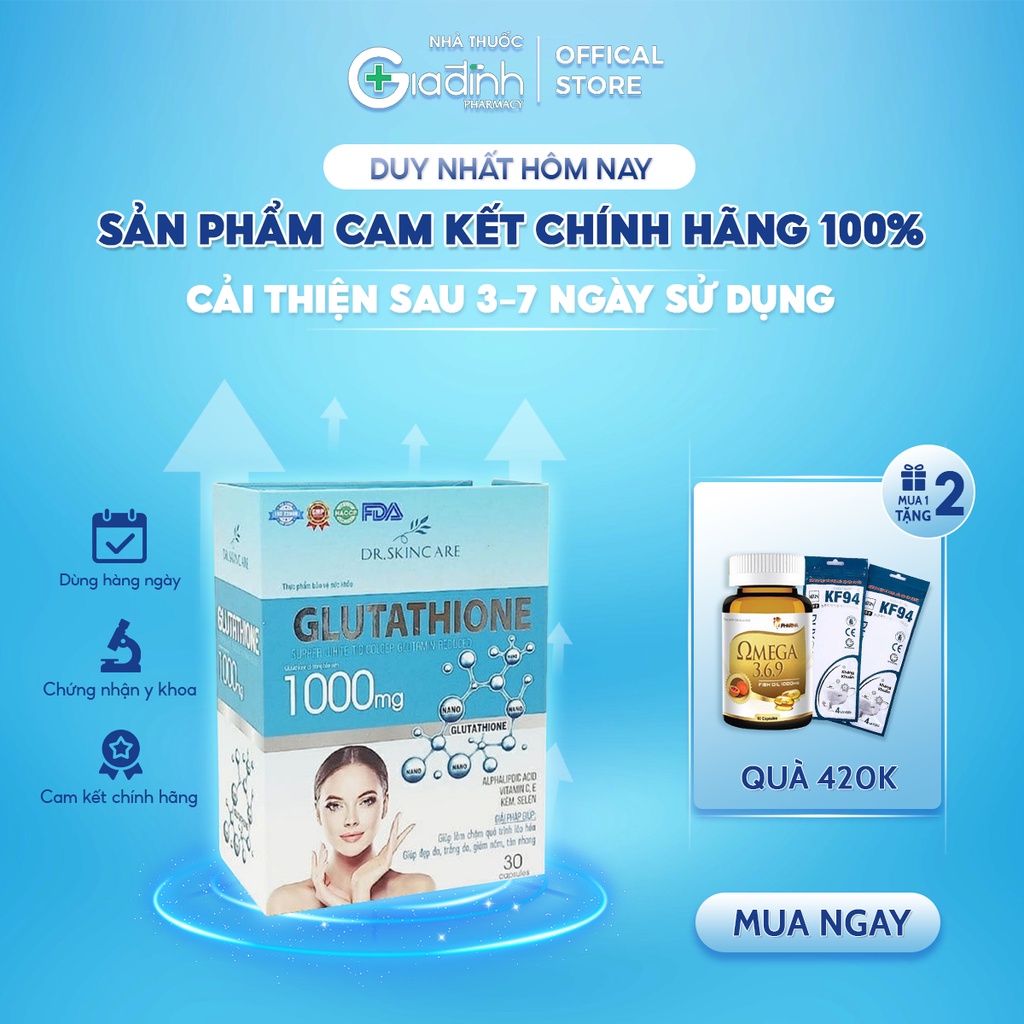 Viên uống trắng da GLUTATHIONE 1000 giúp làm đẹp da giảm nám, mờ nhăn nâng tông tức thì, làm chậm quá trình lão hóa