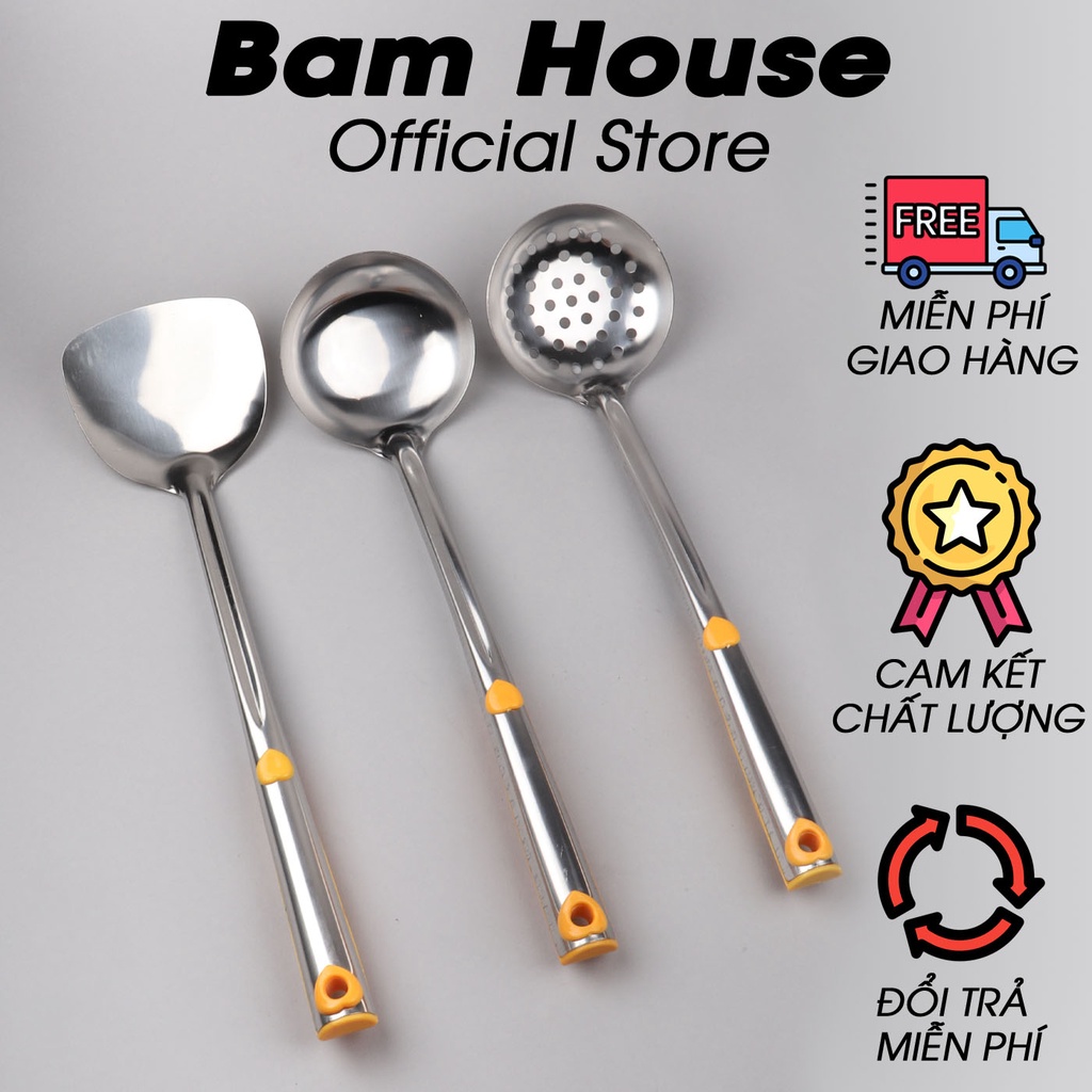 Set Vá đặc, Vá lỗ, Xẻng đặc inox Bam House cán nhựa vàng loại lớn cao cấp siêu bền SCV10 - Gia dụng bếp