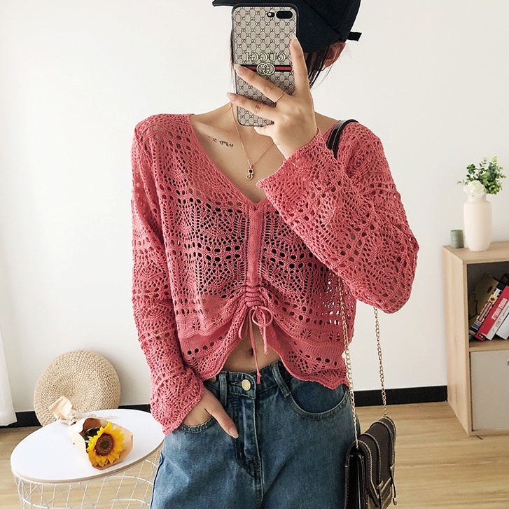 Áo len lưới nữ tay dài dáng rộng khoác dệt kim kiểu cổ V đi biển thời trang hàng đẹp thiết kế Quảng Châu cao cấp