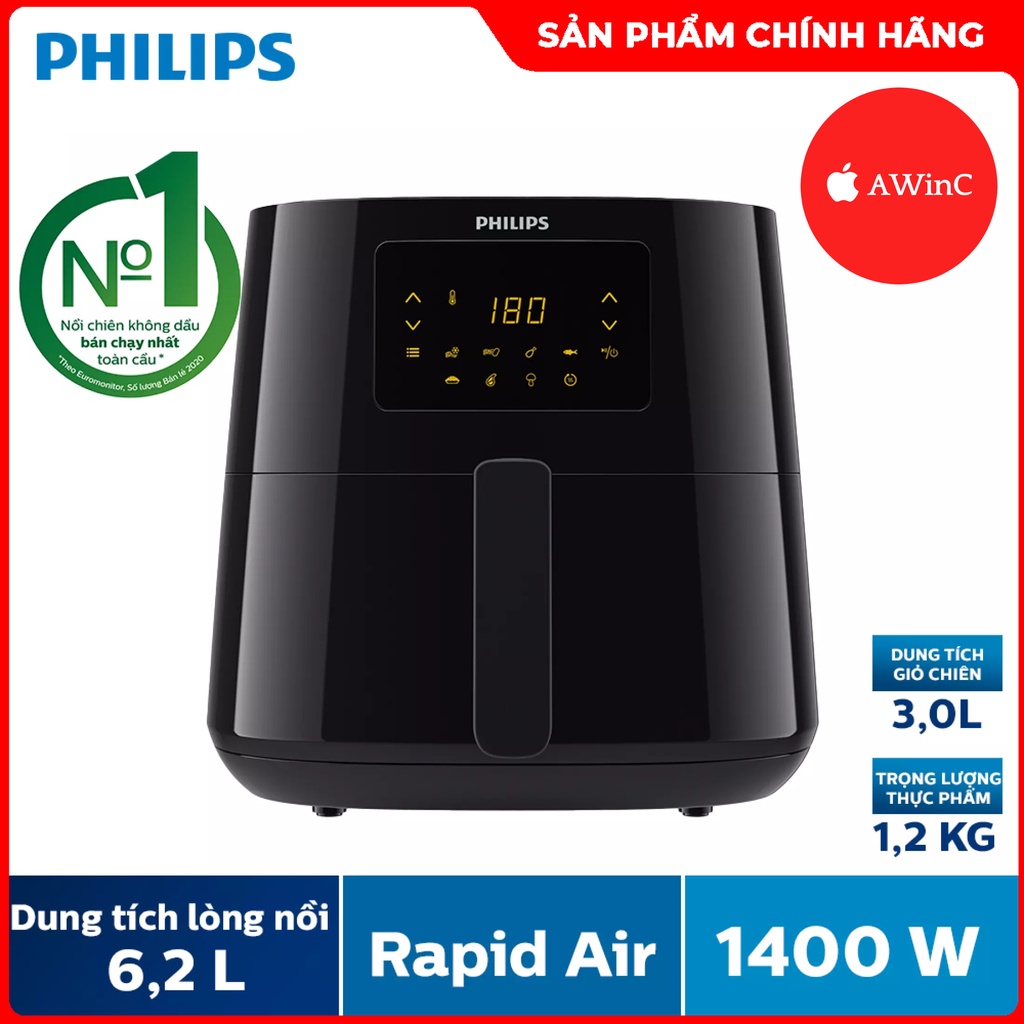 Nồi Chiên Không Dầu Philips HD9270/90 - Lòng nồi 6.2L, công suất 2000W - Bảng điều khiển điện tử - Hàng chính hãng