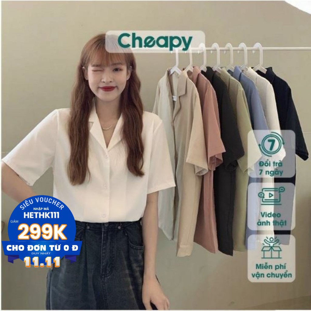 Áo sơ mi tay ngắn cổ vest nữ form rộng đẹp freesize hàn quốc trắng đen kem xanh hồng vintage học sinh công sở hàn quốc | BigBuy360 - bigbuy360.vn