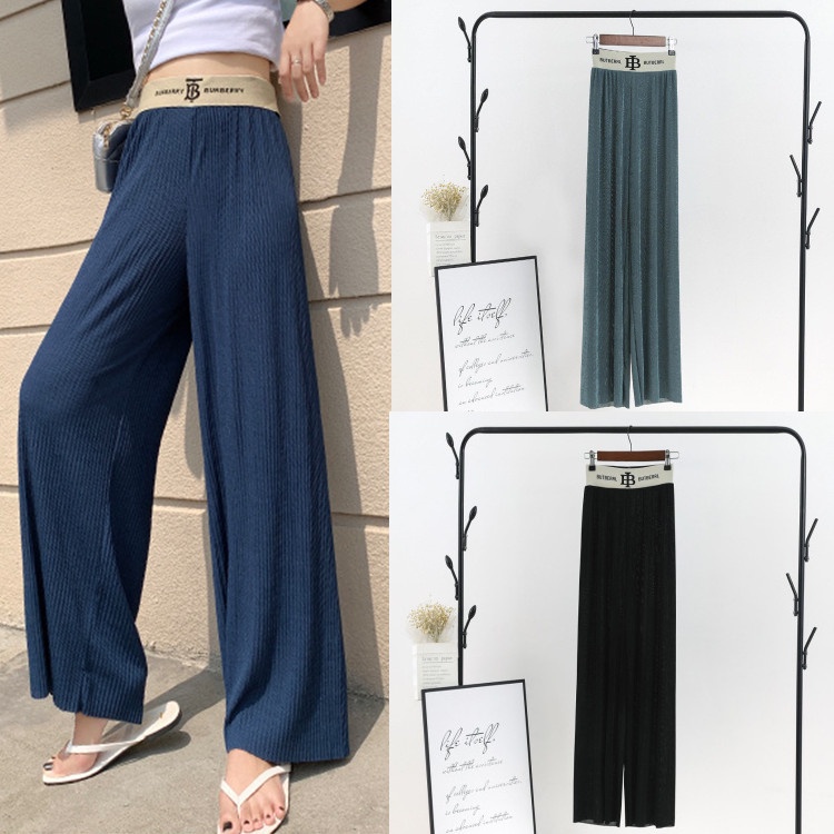 Quần Thun Co Giản 4 Chiều, Quần Bảng Lưng Cao, Ống Rộng, Quần Cột Nơ, Thời Trang Nữ
