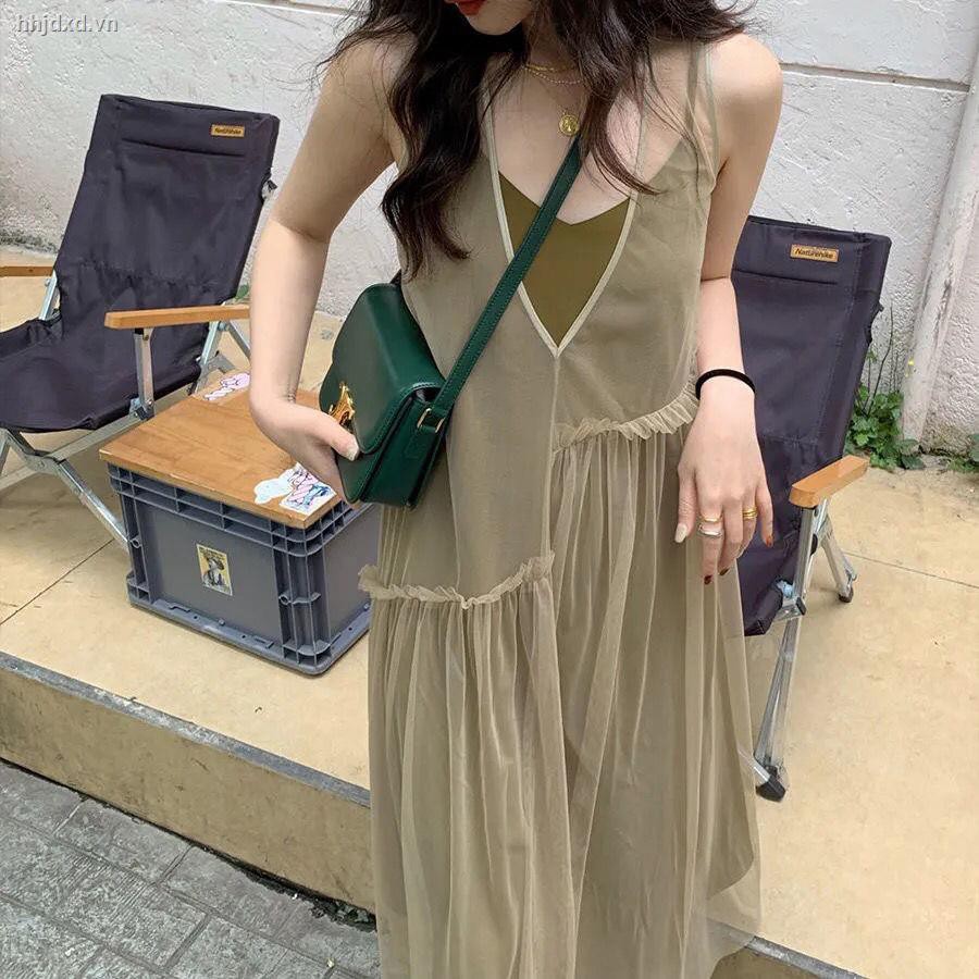 Đầm hai dây cổ chữ V phối lưới thời trang mùa hè sành điệu cho nữ