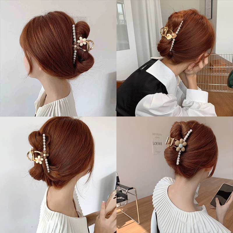 Kẹp tóc kim loại hình hoa đính ngọc trai giả thời trang cho nữ