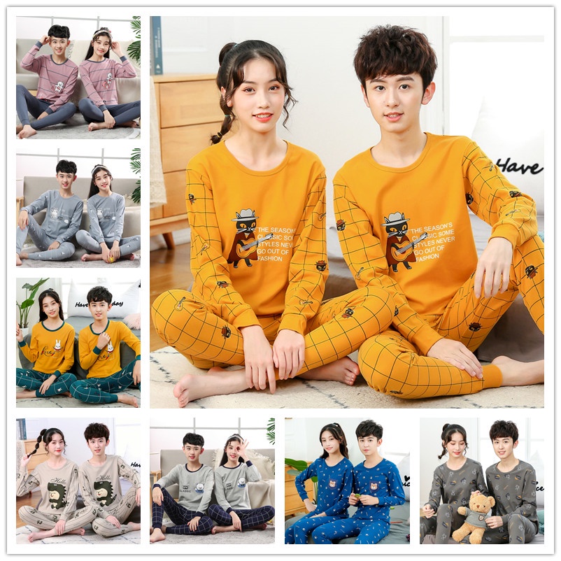 Bộ Đồ Ngủ Tay Dài Chất Liệu Cotton 140cm - 180cm Thời Trang Xuân Thu Cho Nam Nữ