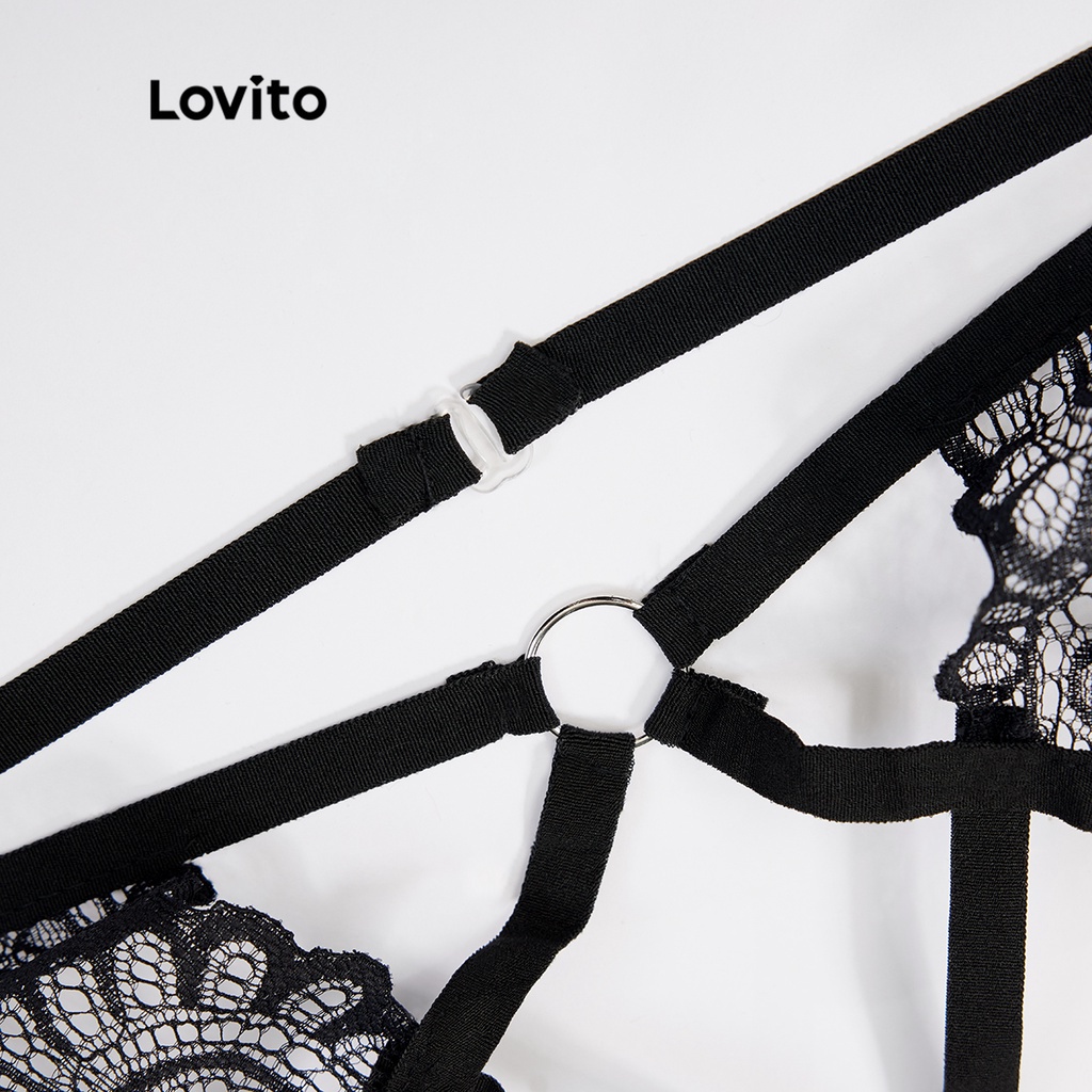 Đồ lót ren hoa Lovito đan chéo vòng tròn không có miếng đệm quyến rũ L17X618 (Đen) | BigBuy360 - bigbuy360.vn