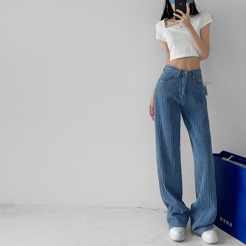 DUNEA Quần Jean Ống Rộng Lưng Cao Phong Cách Sành Điệu Cho Bạn Gái