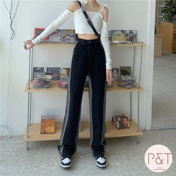 Quần bò jeans nữ cạp cao ống rộng phong cách Hàn Quốc trẻ trung phối kẻ sọc màu gradient