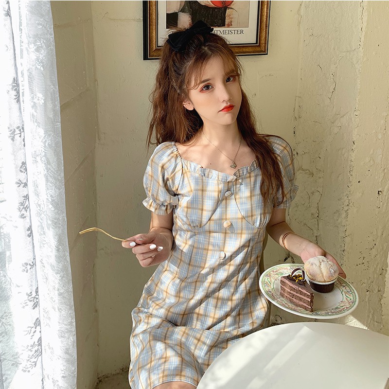 Đầm Nữ Tay Ngắn Cổ Vuông Họa Tiết Caro Thời Trang | BigBuy360 - bigbuy360.vn