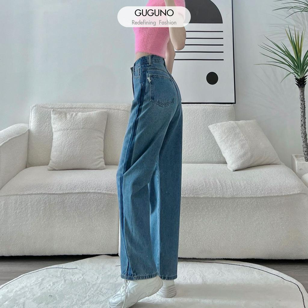 Quần jeans nữ ống rộng cạp cao GUGUNO