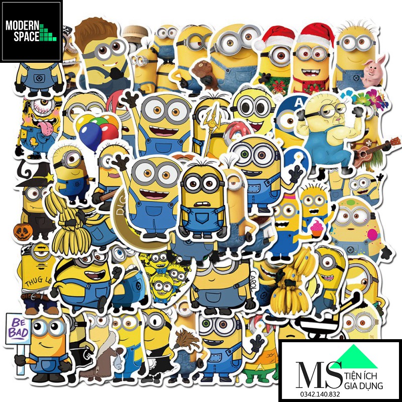 Sticker PVC Minion ST-115 - Cả bộ 50 Hình dán Stickers Chống nước Dán Mũ bảo hiểm Vali Laptop Điện thoại Dán xe