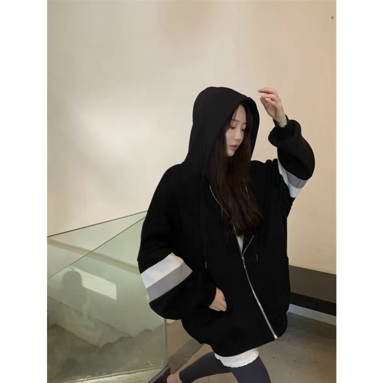 (FREE SHIP) ÁO KHOÁC HOODIE NỮ CHỐNG NẮNG PHỐI VIỀN SỌC HAI MÀU TRẮNG ĐEN ĐẸP SIÊU CUTE
