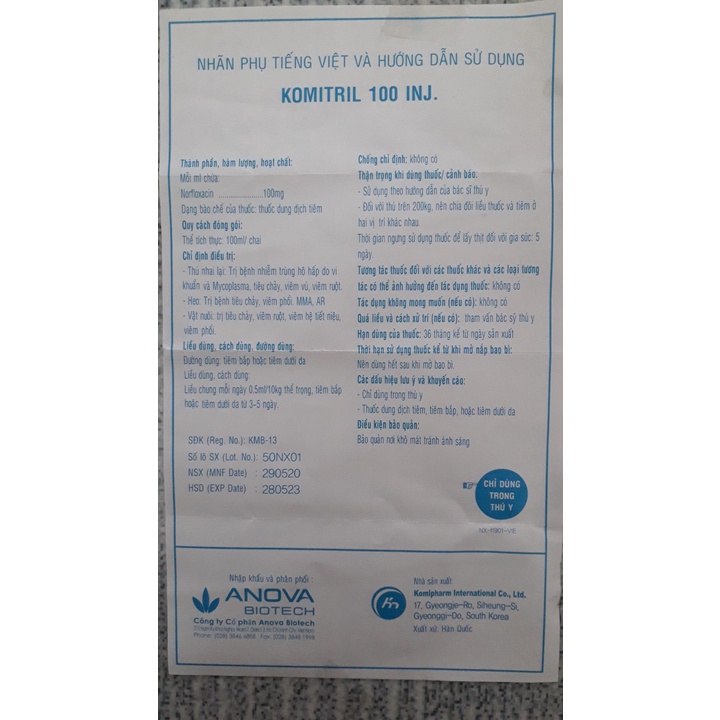 Komitril 100 ml. Hàn Quốc. Tiêu chảy phân vàng trên heo, gà, trâu bò, dê