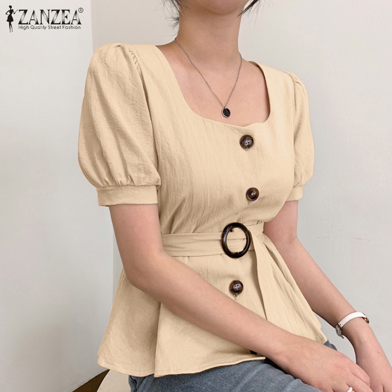 Zanzea Áo Kiểu Tay Phồng Ngắn Cổ Vuông Kèm Thắt Lưng Phong Cách Hàn Quốc Thời Trang Cho Nữ