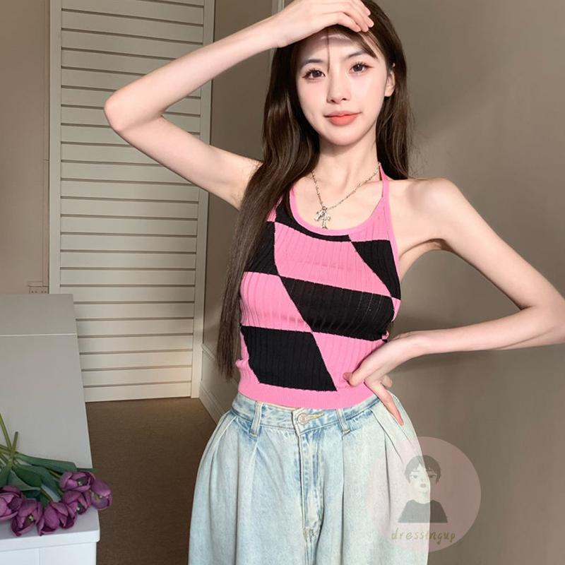 Áo Tank Top Dệt Kim Sát Nách Cổ Yếm In Họa Tiết Hình Thoi Màu Đen / Hồng Nhạt / Hồng Nhạt Cho Nữ