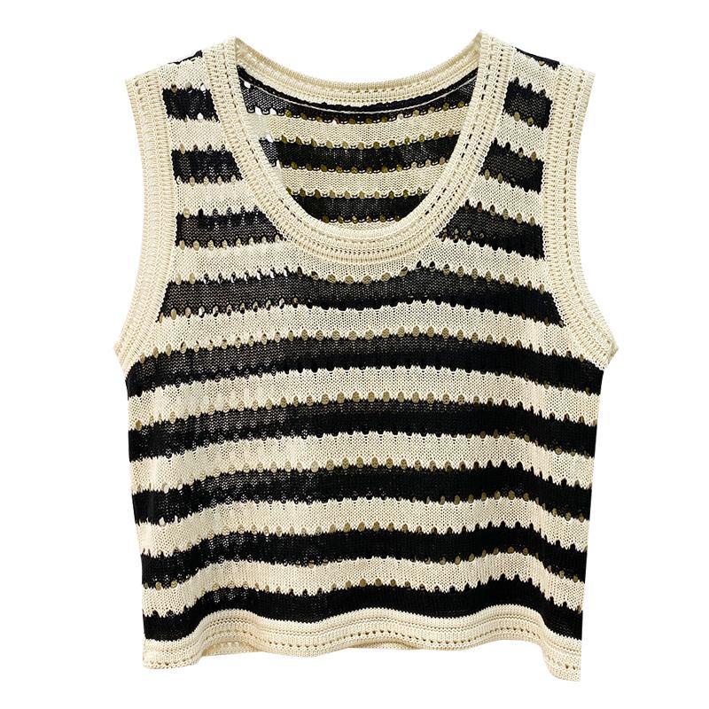 Áo Dệt Kim Không Tay Dáng Rộng Họa Tiết Kẻ Sọc Màu Đen Thời Trang Mùa Hè Dành Cho Nữ