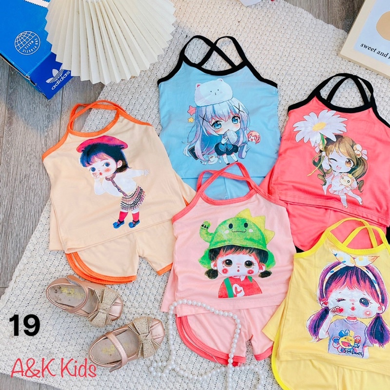 Bộ 2 dây thun lạnh minkymon có size đại cho bé gái, đồ bộ 2 dây thun lạnh mềm mát cho bé gái