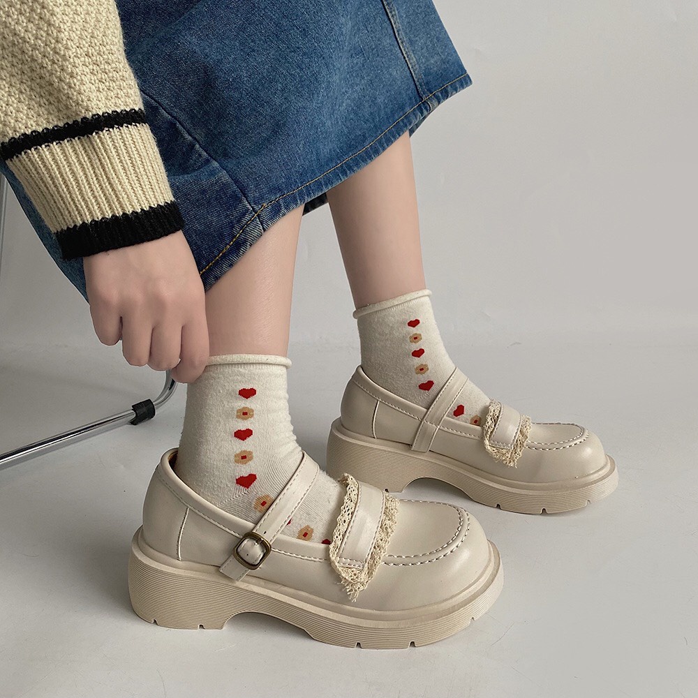 Giày Lolita Nữ Mary Quai Cài Thời Trang Phối Ren Mới Hot  Độn Đế Cao 5cm mã D599