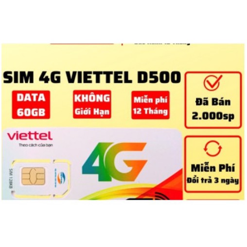 (FREESHIP) Sim 4G Viettel D500 Trọn Gói 1 Năm, Mỗi Tháng có 4GB DATA tốc độ cao, Không Cần Nạp Tiền Hàng Tháng