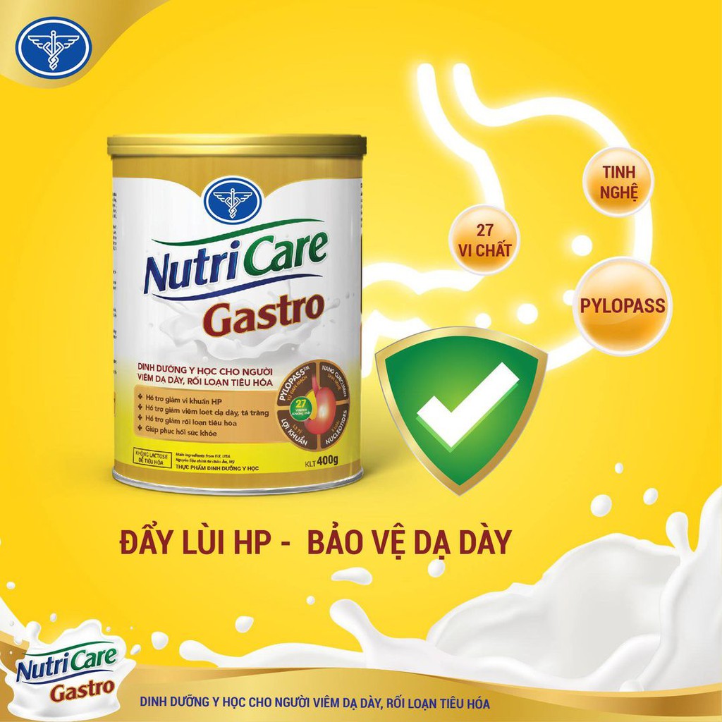 Sữa bột Nutricare Gastro cho người Viêm dạ dày, rối loạn tiêu hóa, giúp phục hồi niêm mạc (Lon 900g)