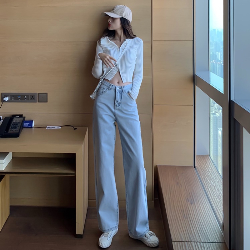 Quần jean dáng dài lưng cao ống rộng màu sáng cá tính cho nữ