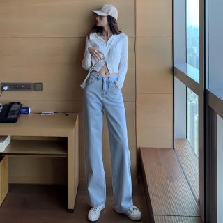 Quần jean dáng dài lưng cao ống rộng màu sáng cá tính cho nữ