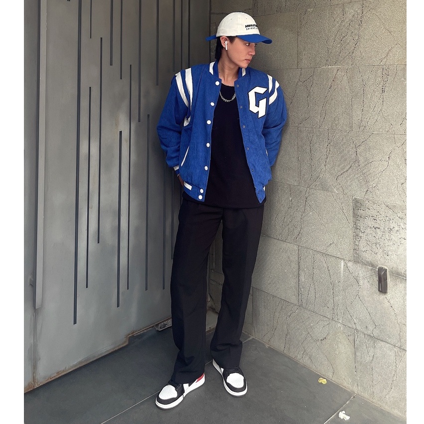 Áo Khoác Nhung Tăm Form Rộng Jacket Varsity V19 - Màu Blue Sea