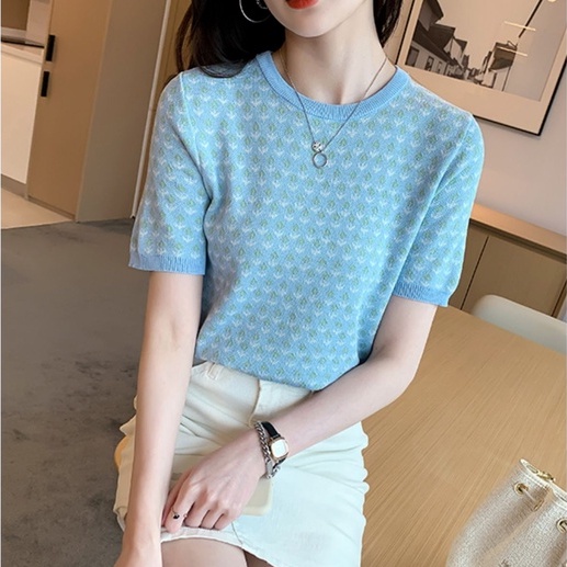 [Hana And Alice] Áo Thun Dệt Kim Ngắn Tay Dáng Rộng In Họa Tiết / Dễ Phối Đồ