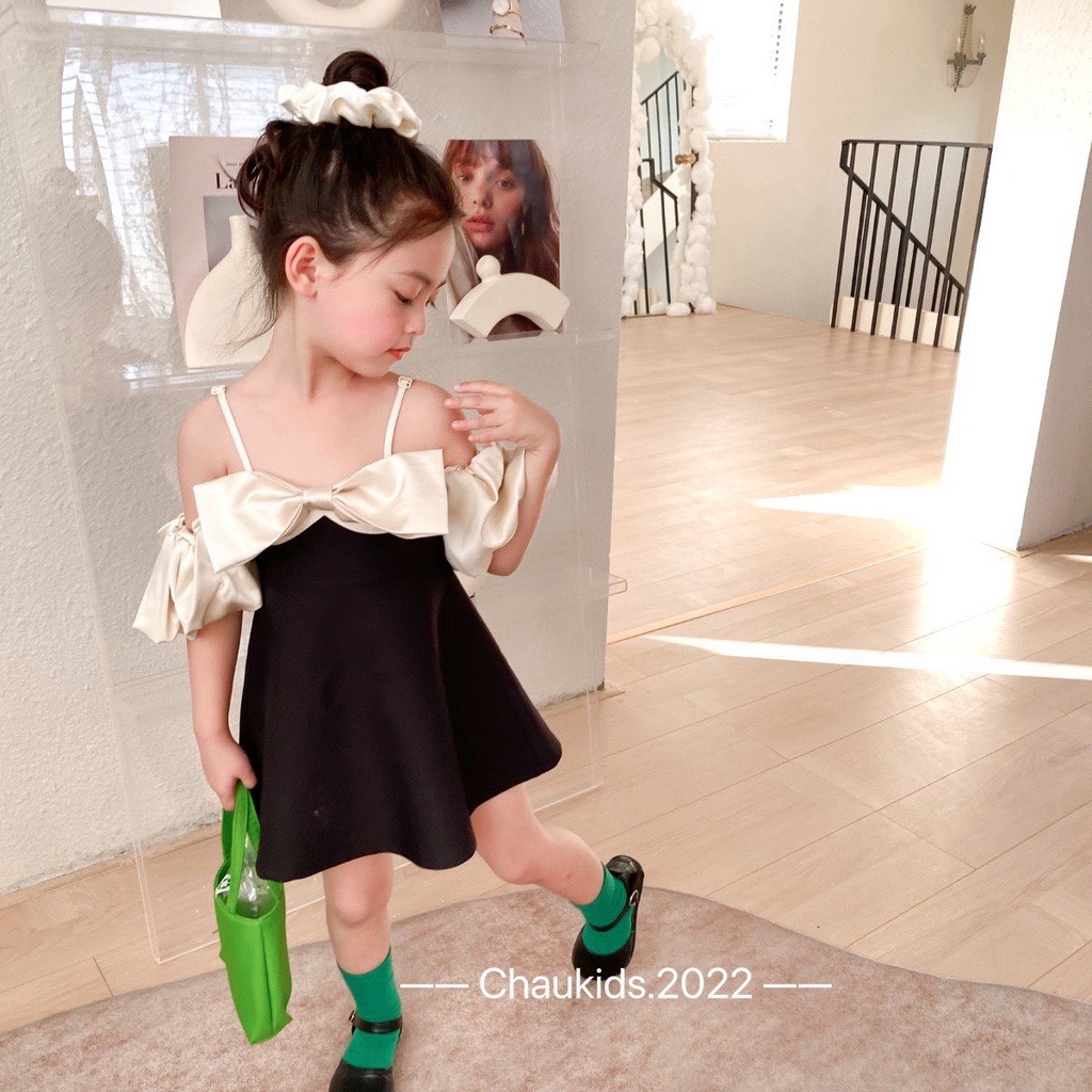 Váy 2 dây bé gái dáng xòe đính nơ ngực trễ vai bé gái từ 10-22kg