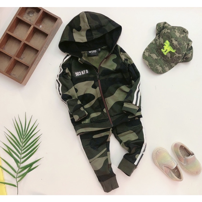 Bộ nỉ rằn ri mũ trùm dư xịn bé trai