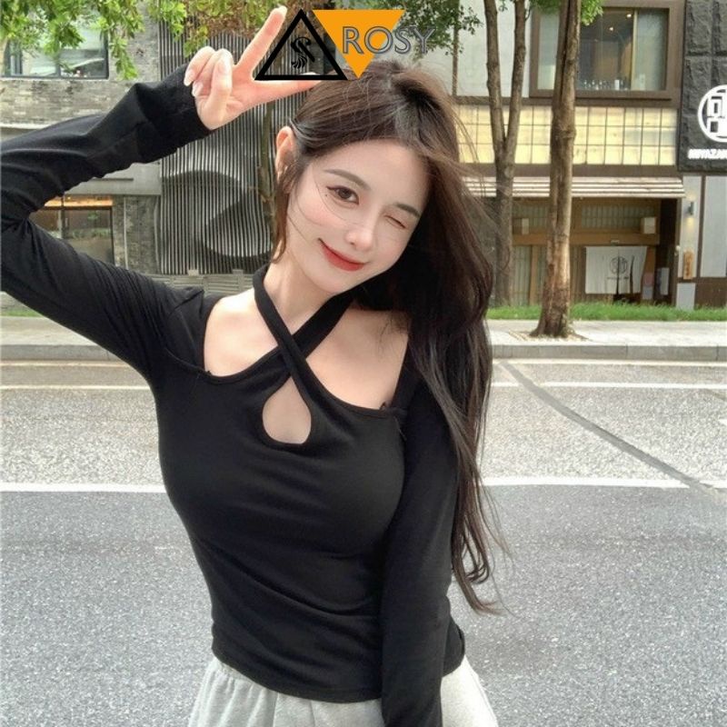 Áo tay dài chất thun co giãn phối day chéo khoét ngực dành cho các nàng siêu xinh