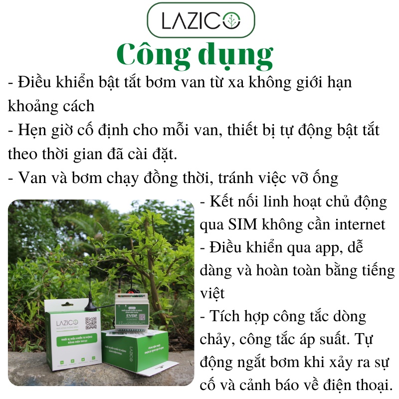 Thiết bị điều khiển từ xa máy 1 máy bơm 220V và 2 van điện từ qua điện thoại LAZICO EV02