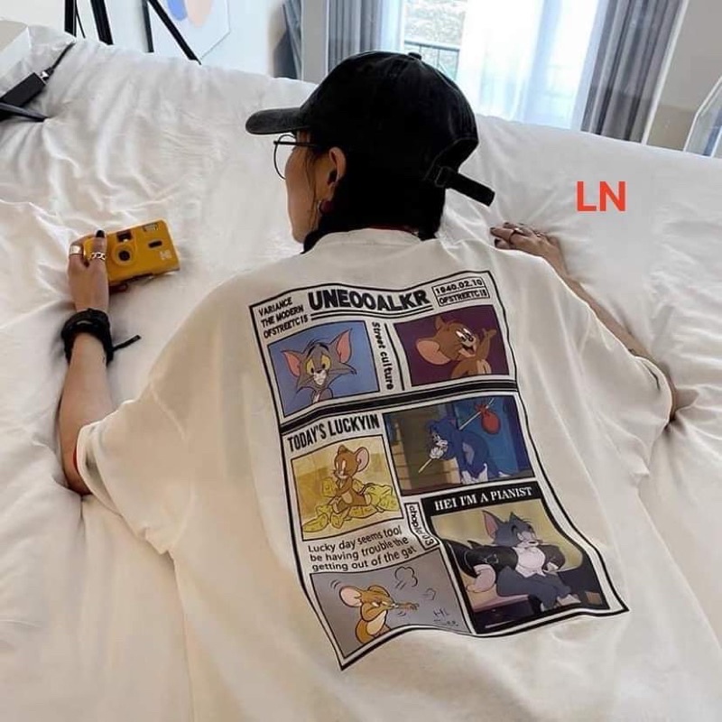 Áo phông mèo chuột ô vuông sau lưng LN11