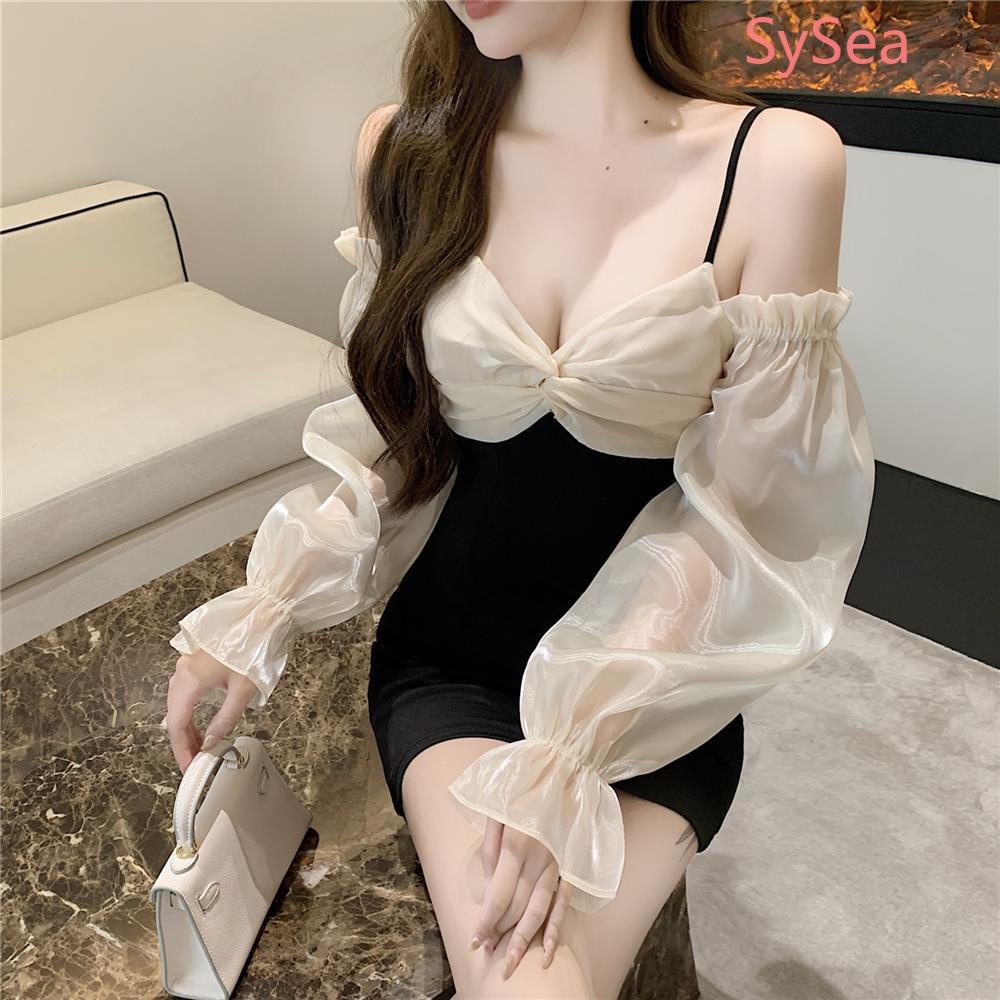 Đầm Chiffon Dài Tay Trễ Vai Ôm Dáng Phong Cách Pháp Dành Cho Nữ
