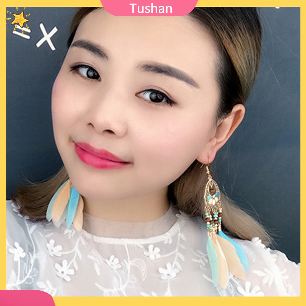 Đôi khuyên tai kiểu lưới giấc mơ phối hạt và lông vũ thời trang cho nữ