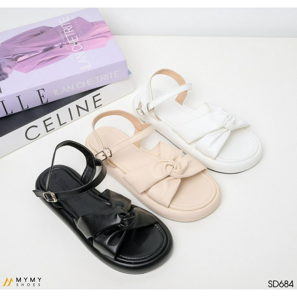 Dép nữ sandal đế bằng quai xoắn mầu đen, kem, trắng MyMyShoes - sandal nữ SD684