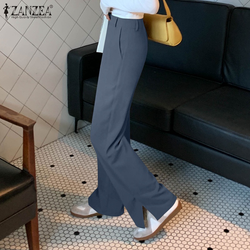 Quần dài ZANZEA ống rộng có túi phối khóa kéo phía trước thời trang cho nữ