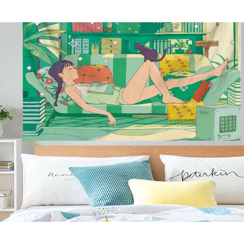 Tấm Vải Treo Tường Trang Trí Phông Nền Phòng Ngủ Hình Cô Gái Hoạt Hình