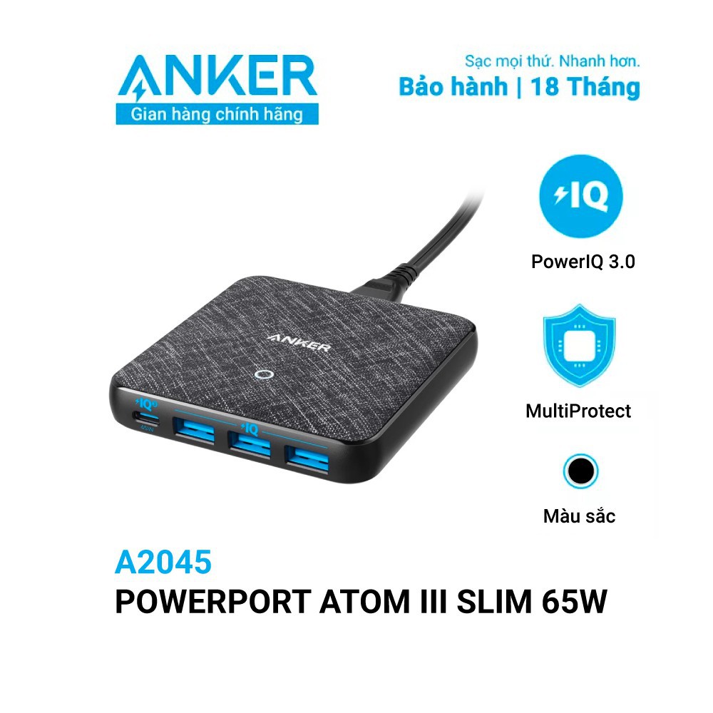 Sạc Anker 4 cổng PowerPort Atom III Slim A2045 công nghệ GaN 65W