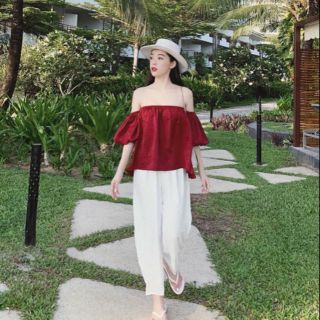 Áo lụa suông trễ vai tay phồng