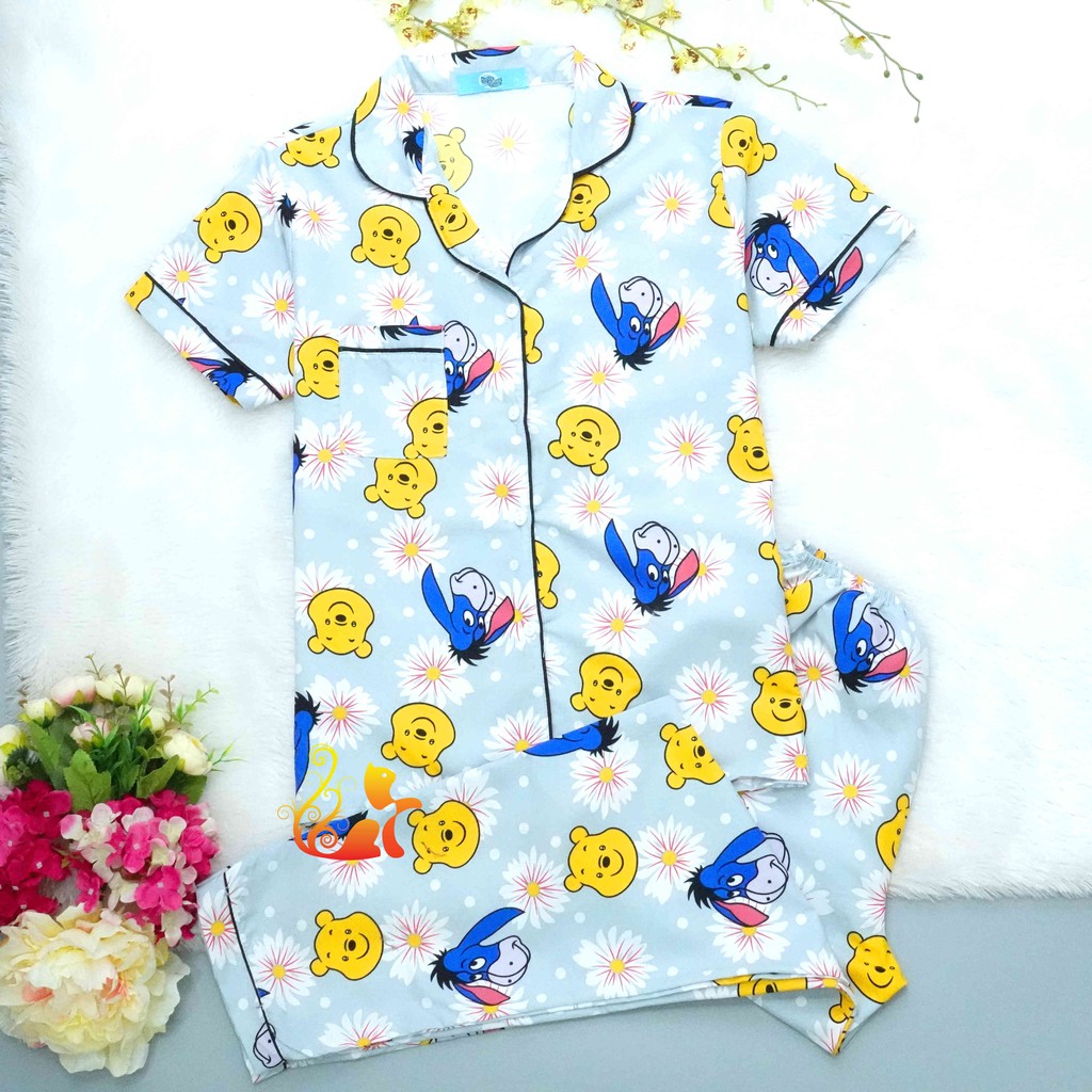 Đồ Bộ Mặc Nhà "Gấu Pu - Hoa Cúc" Pijama Kate Thái Quần Dài - Dưới 60kg.