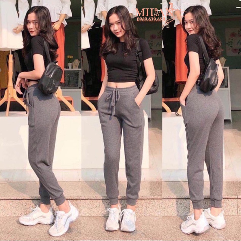 Quần jogger dây rút nữ cạp chun có túi vải len tăm co giãn dáng quần Jogger nữ đen thể thao tập gym ở nhà bo gấu cao cấp
