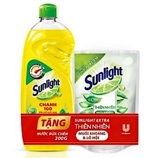 Nước rửa chén Sunlight Chanh 730g / Trắng Muối & Lô Hội TẶNG Nước rửa chén Muối khoáng và Lô hội 200g