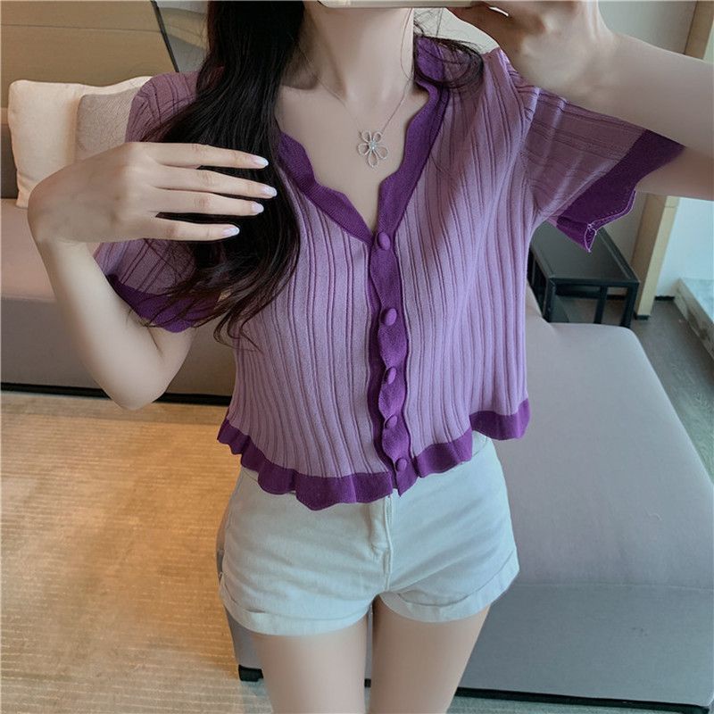 Áo Croptop Len Misu Mềm Cổ Chữ V Khoét Hàng Quảng Châu Xịn 2 Màu Tím Vàng
