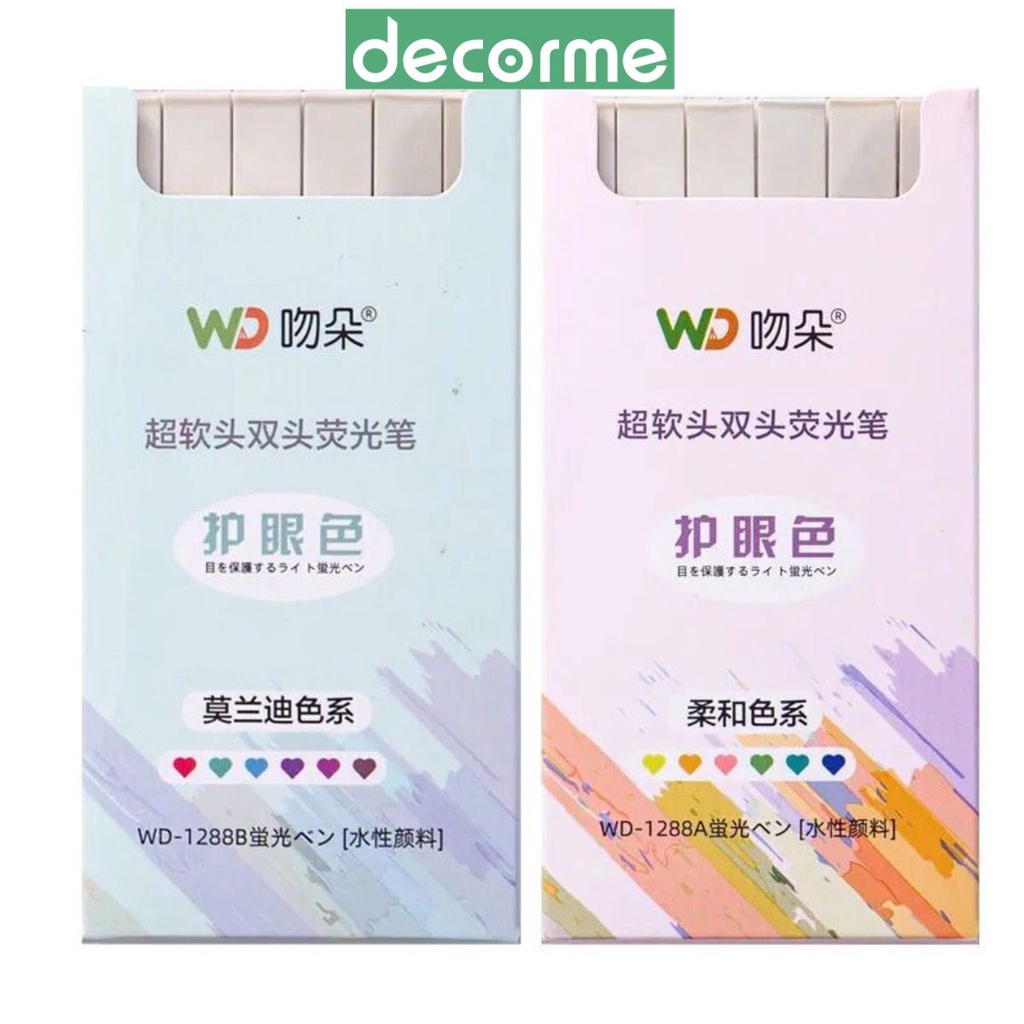 Set 6 bút highlight Morandi vuông 2 đầu DecorMe Bút nhớ dòng bút đánh dấu nhiều màu pastel trang trí sổ bullet journal