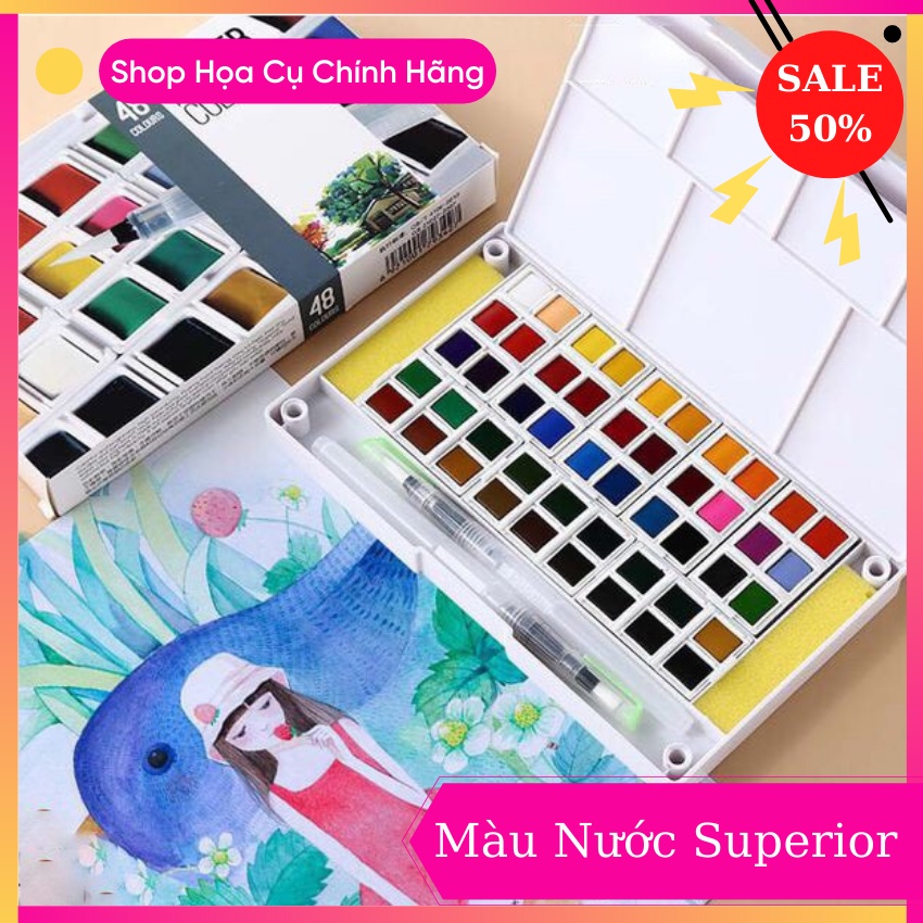Màu Nước Superior ⚡ HÀNG CHÍNH HÃNG ⚡ màu nước thiết kế dạng viên màu rắn chắc, loang màu tốt